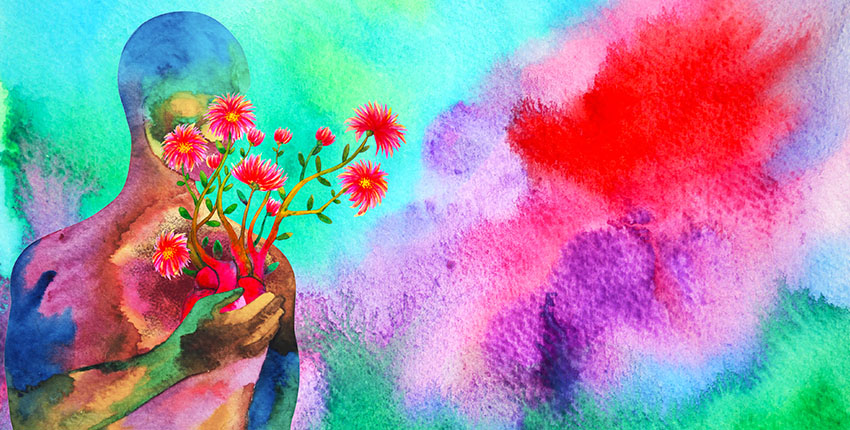 Abstract and colorful representation of a human silhouette holding flowers