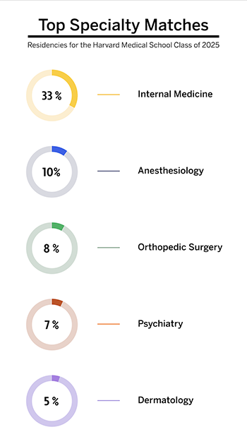 Infographic titled “Top Specialty Matches” and subtitled “Residencies for the Harvard Medical School class of 2025” depicts six colored rings with percentages and labels in descending order: 33% internal medicine, 10% anesthesia, 8% Orthopedic Surgen, 7% psychiatry, and 5% dermatology.