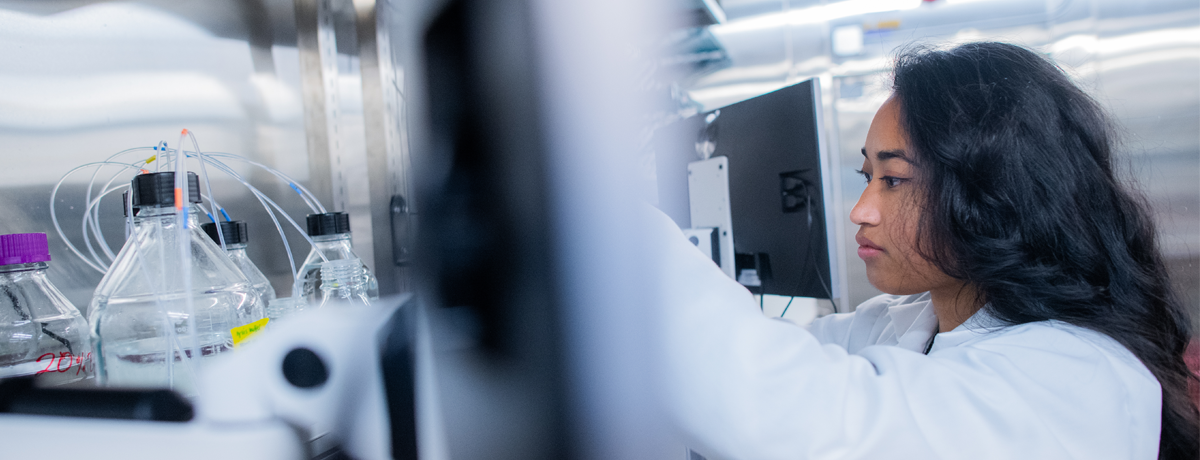 A researcher in a lab coat works with scientific equipment in a laboratory at Harvard Medical School.