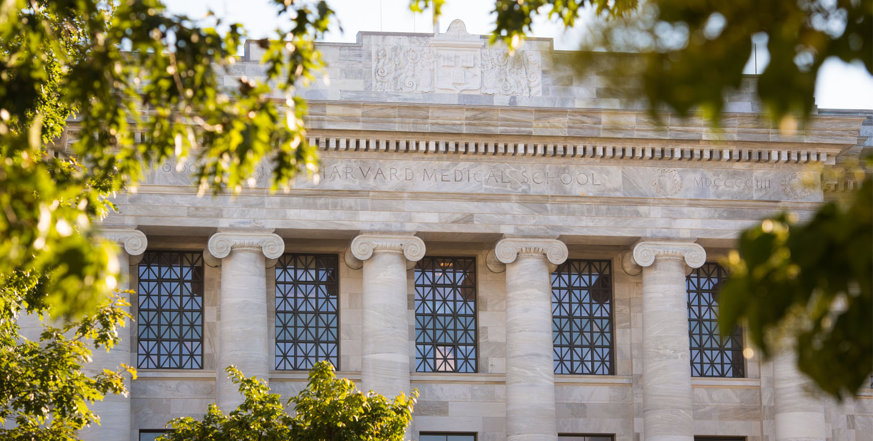 Facade of Harvard Medical School’s Gordon Hall with columns, seen through tree branches.