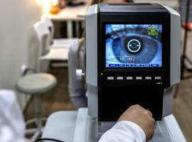 A close-up of an eye being examined with an optical diagnostic machine.