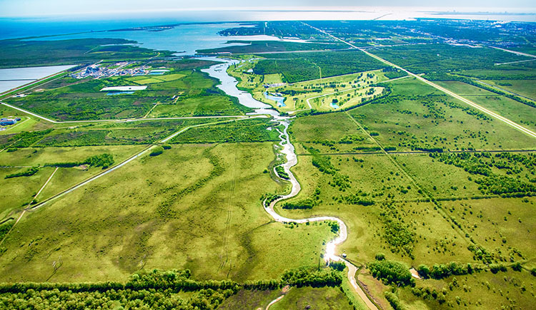 aerial view of a river and surrounding landscape