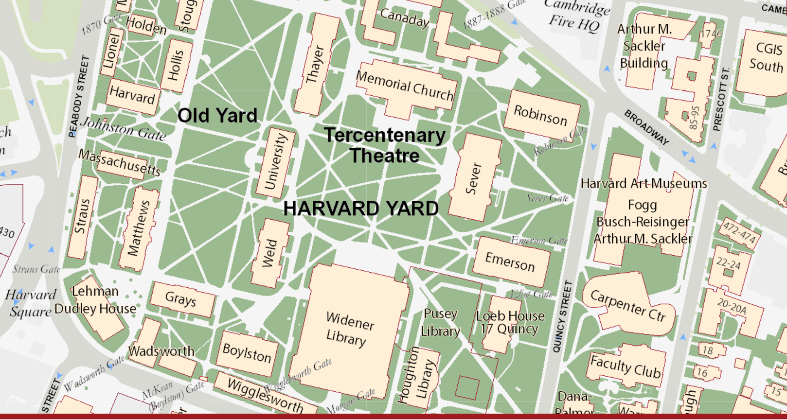 An aerial view drawn map of the Harvard Cambridge campus.