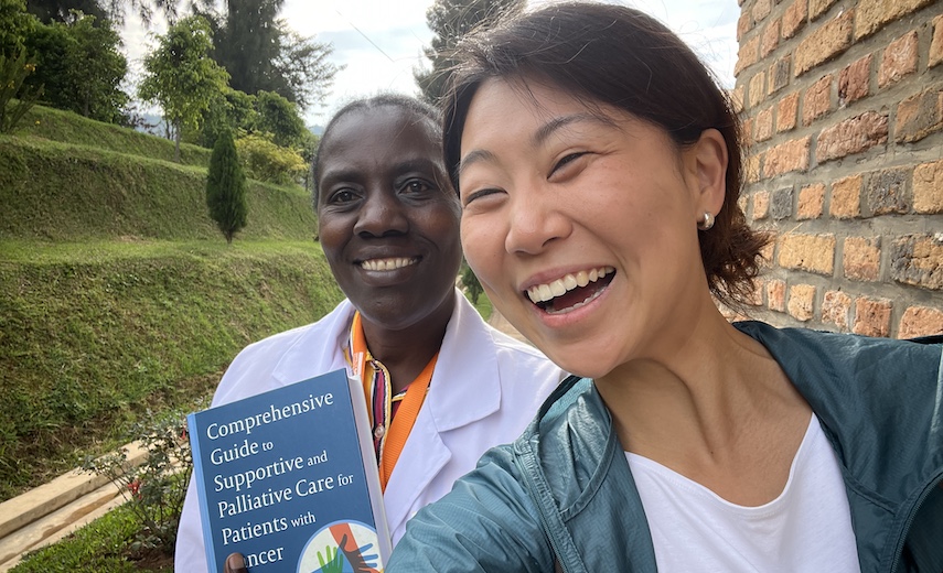 Dr. Olive Mukeshimana (principal investigator) and HMS medical student Jaeyoon Cha, working together on a palliative care research project at Butaro Cancer Center of Excellence, Rwanda.