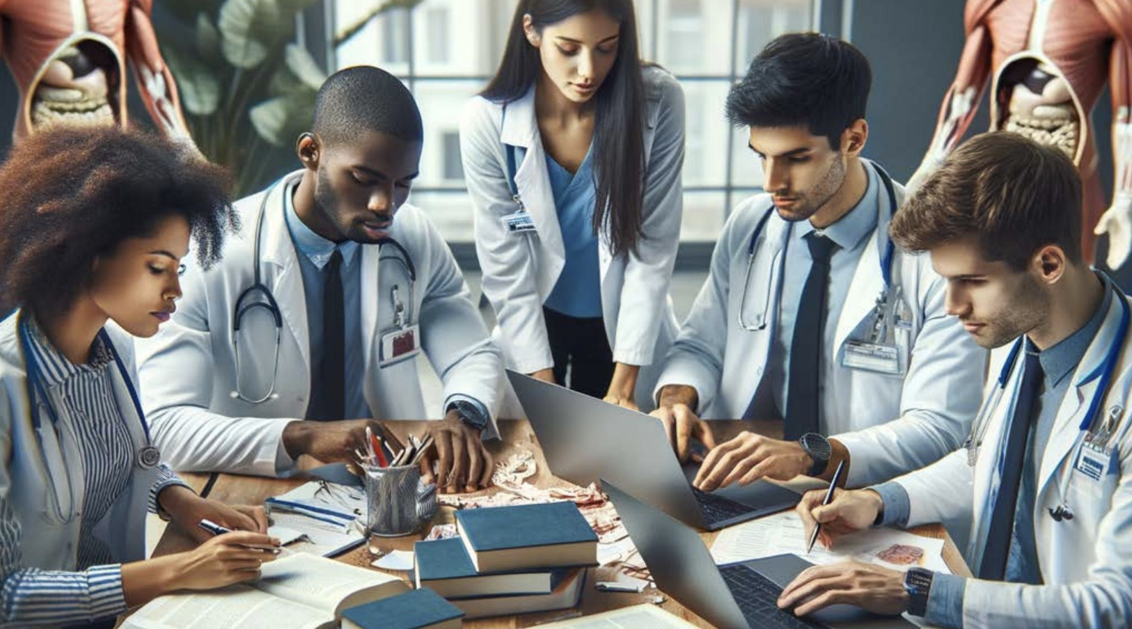 5 medical students in white coats studying together.