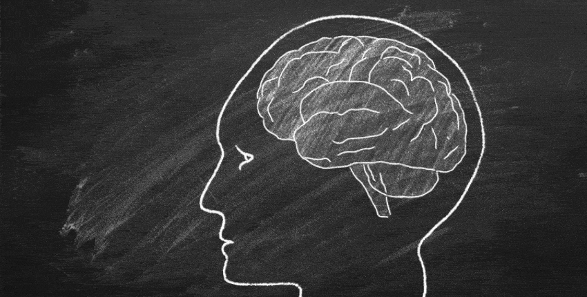 A moving image featuring a chalk drawing of a human head with a brain inside