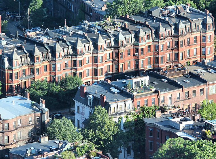 Aerial view of rowhouses in a Boston neighborhood.