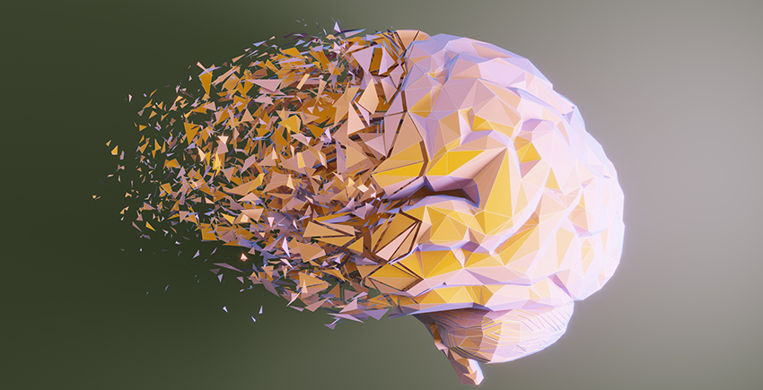 Artistic rendition of a brain with a mosaic-textured surface breaking apart in the front