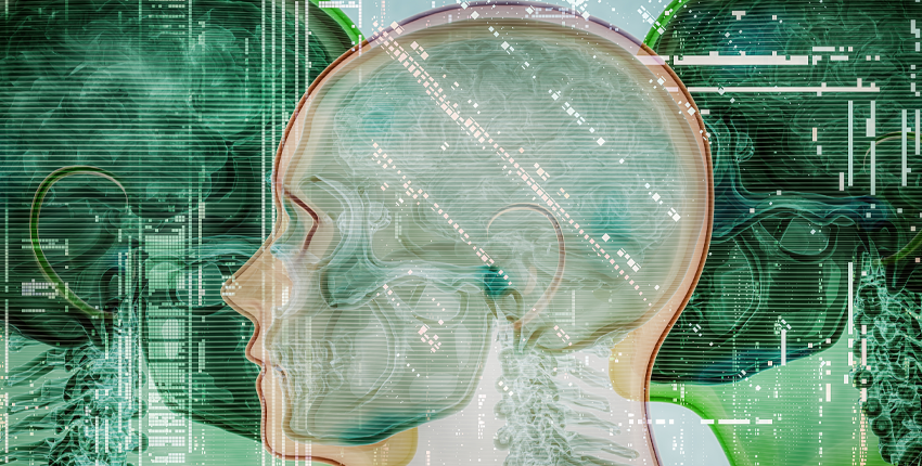 Three images of human brains/spinal cords superimposed onto a green motherboard.