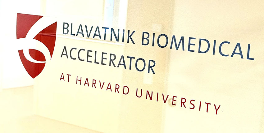 A sign, seen at an angle, that says “Blavatnik Biomedical Accelerator at Harvard University”