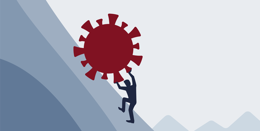 A stylized drawing of a dark blue human figure pushing a large, red virus up a hill