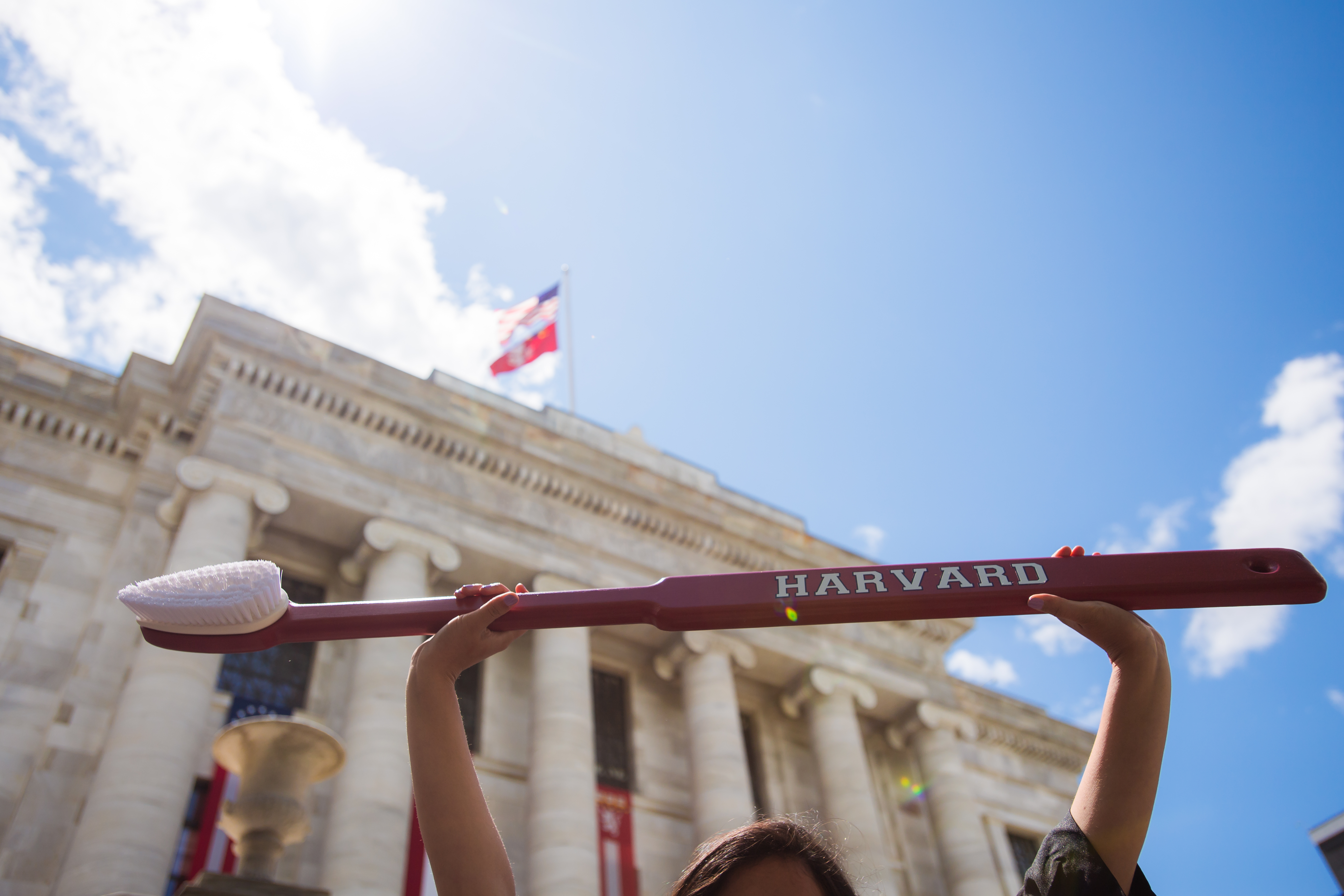 Person holding giant toothbrush over their head with marble building in background
