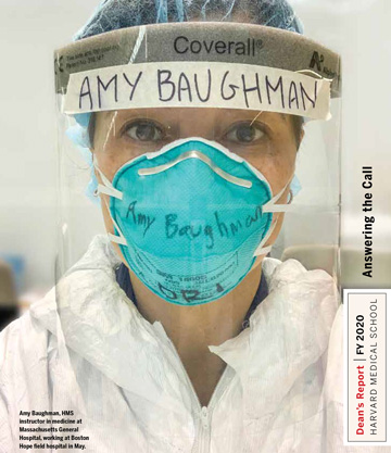 Cover of FY 2020 Dean's Report showing Amy Baughman in PPE, including hair net, N95 mask, face shield and protective suit