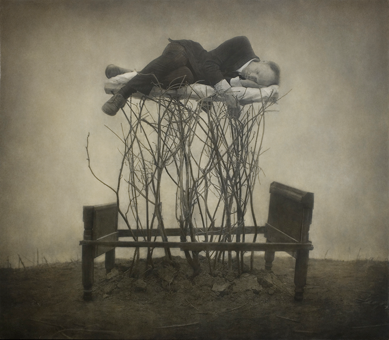 artwork by Robert and Shana ParkeHarrison shown a fully suited man lying on a thin mattress that sits upon bare-limbed bushes growing within a wooden bed frame with head and footboards