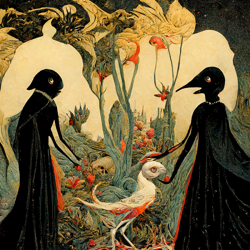 Night ventures into the light, a painting by Deirdre Barrett, depicting dark birdlike figures set against a surrealistic background of oversized vegetation 