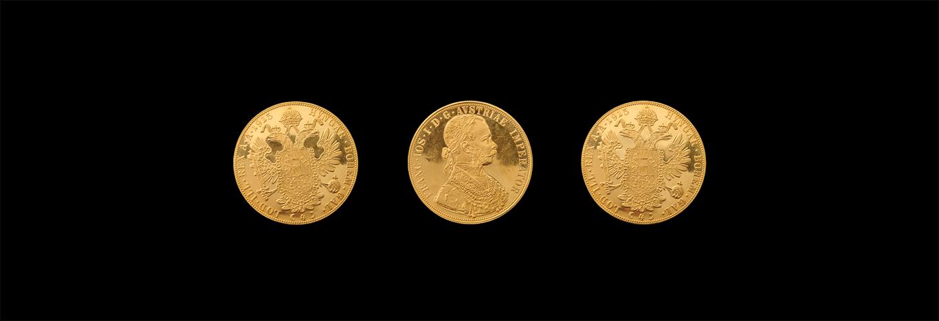 three gold coins, Austrian ducats circa WWI