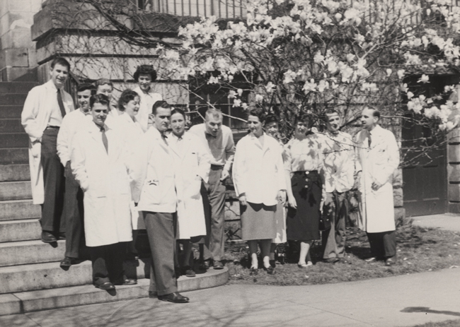 TEAM EFFORT: Nan (front row, third from left) stands next to Fuller Albright (fourth from left) in this 1954 photo of members of the Albright endocrine lab.