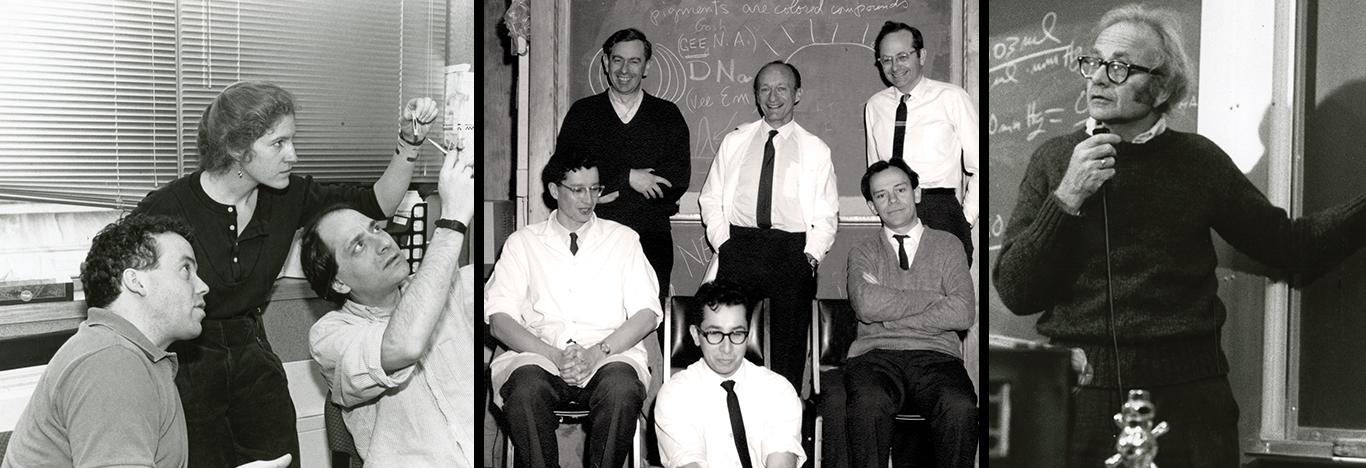 The six founders of neurobiology at HMS (center image: clockwise from left, standing): Edwin Furshpan, Stephen Kuffler, David Hubel, Torsten Wiesel, Edward Kravitz, and David Potter