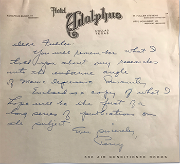 handwritten letter from Baird to Fuller Albright asking Albright his thoughts on the manuscript on the role of hormones in "manic depressive insanity."