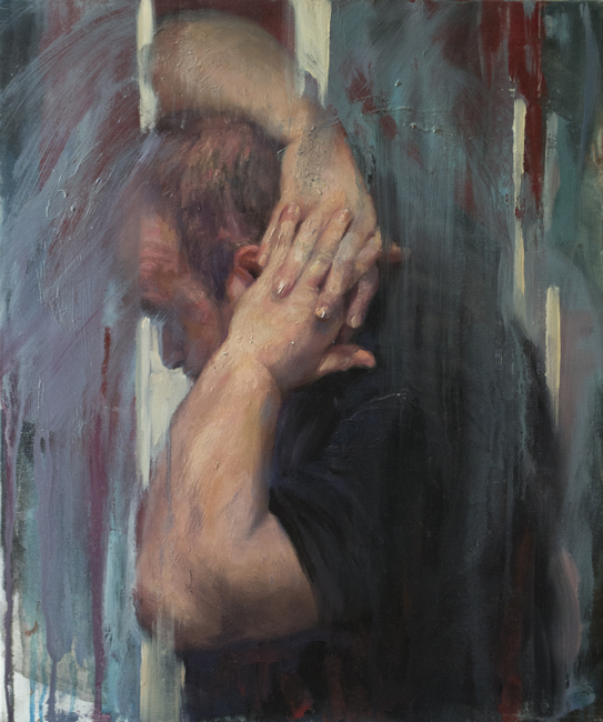 painting of a troubled man with hand behind head