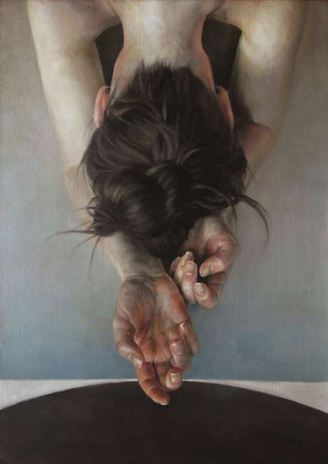 painting of the back of a woman as if she's suspended downward