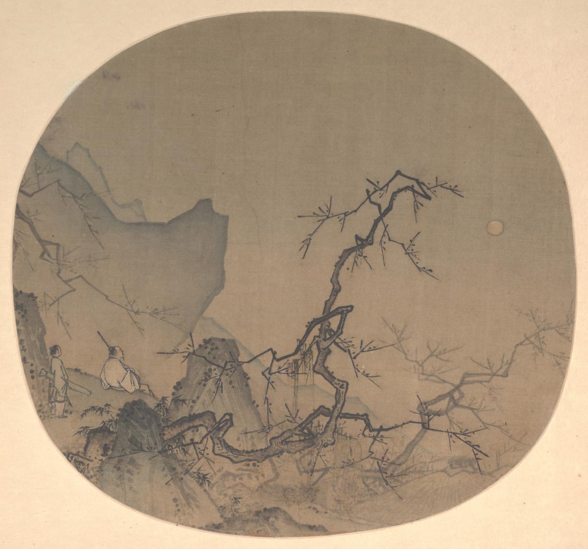 Ma Yuan, Viewing Plum Blossoms by Moonlight, Southern Song dynasty (1127-1279), 9 7/8 x 12 1/2 in., fan mounted as an album leaf; ink and color on silk