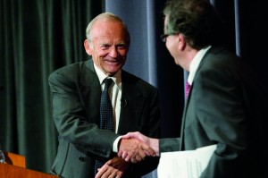 Alain Carpentier and Dean of the Faculty of Medicine Jeffrey S. Flier at the 2011 Warren Alpert Foundation Prize Symposium. Credit: Suzanne Camarata