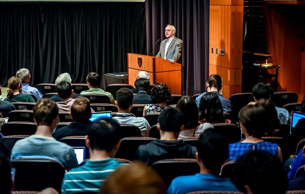 HMS Dean George Q. Daley welcomes hundreds of attendees to the inaugural symposium of the Harvard Cryo-EM Center. Image: Steve Lipofsky