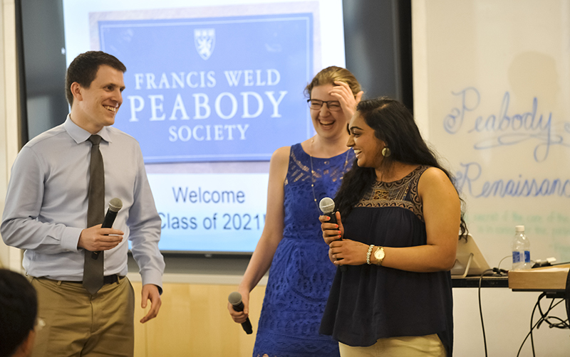 Peabody Society students Spencer Luster, Katherine Kester and Hema Pingali introduce themselves to their classmates.