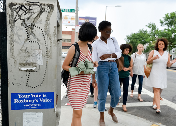 Students tour Dudley Square in Roxbury. 