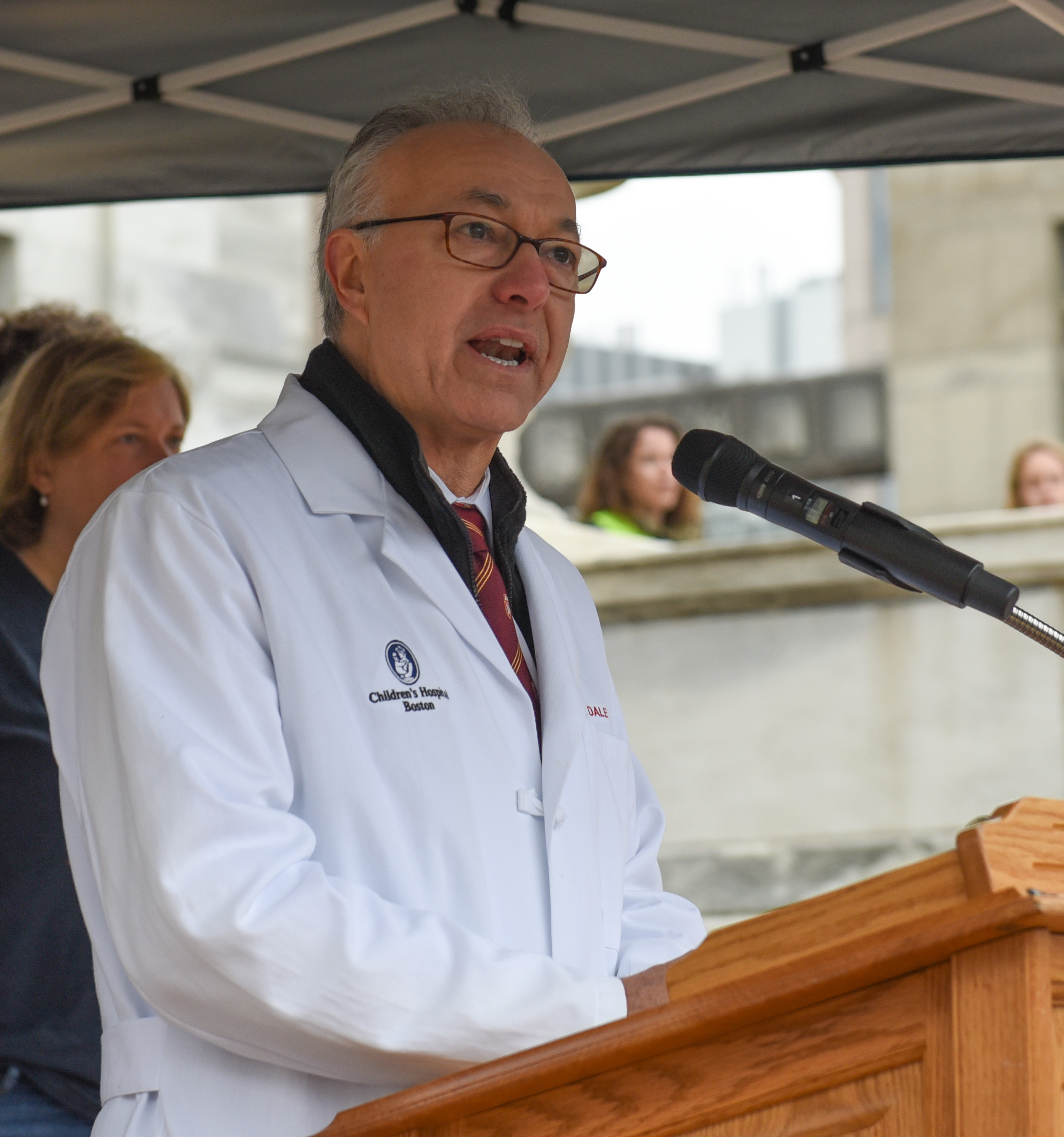 HMS Dean George Q Daley speaks on the steps of Gordon Hall. Image: Rick Groleau