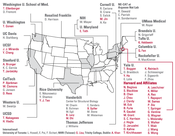 Putting structural biology on the map. SBGrid expanded across the country and around the world with scientists who had sampled it at Harvard and affiliated labs and spread the word. Names in red denote researchers currently or formerly at these labs. Image by Ben Silva; adapted for Focus.