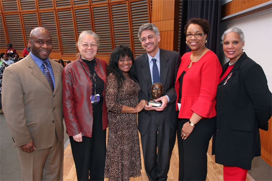 Shown above are (left to right) Claude-Alix Jacob, chief public health officer for the City of Cambridge and director of the Cambridge Public Health Department; Nancy Oriol, HMS dean for students; Susan Batson, first recipient of the Social Justice Award; Auerbach; Joan Reede, HMS dean for diversity and community partnership; and Sheila Nutt, director of educational outreach programs in the Office for Diversity and Community Partnership.