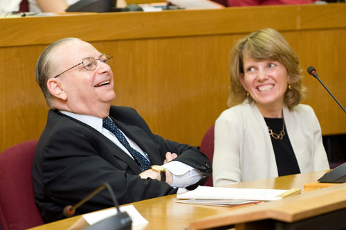 Outgoing HSPH dean Barry Bloom shares a laugh with fellow tuberculosis researcher Sarah Fortune, HSPH assistant professor of immunology and infectious diseases, at a symposium Fortune helped organize to honor Bloom’s contributions to the School and TB research. Photo by Suzanne Camarata.