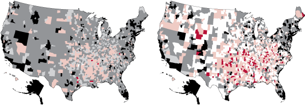 Lifetime gains and losses. Improvement in life expectancy (shades of gray and black) was more prevalent among U.S. counties in 1983 (left map) than in 1999 (right). In the intervening years, cross-county differences have become more apparent, with some counties showing no change in life expectancy (white) and others getting worse (shades of red). On the maps, the darker the color, the more extreme the change. Courtesy Majid Ezzati.