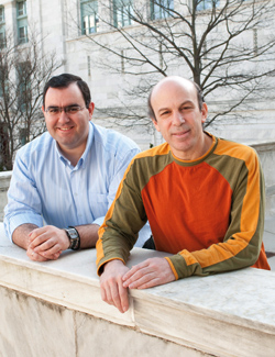 Dimitrios Iliopoulos (left), Kevin Struhl (right) and Heather Hirsch identified an inflammatory signaling loop that turns a noncancer cell cancerous without touching the genetic code. Photo by Joshua Touster.