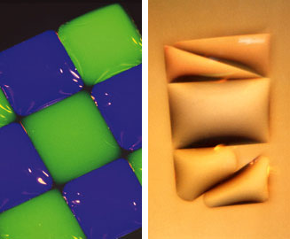 In the pivotal experience that launched Frankel’s science-centered work, Harvard chemist George Whitesides went back to the lab bench to illustrate more decisively the big idea behind a technique that creates a layer of molecules that make water coat or bead on a surface (compare left and right images). On a surface made of gold, hydrophobic lines the width of a human hair separate the pillow-like squares of water resting on hydrophilic areas. “The demands on an experimentalist to predictably manipulate the system at that level of control are instructive and require a more detailed level of understanding,” said Whitesides about the tasks of creating the blue- and green-dyed water checkerboard pattern. For example, he said, no one knew at that time that water could be restrained by a hair’s width of space. Photos by Felice Frankel.