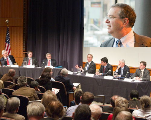 From left, panelists William Sahlman, Michael Chernew and Leonard Schaeffer, and speakers Daniel Kessler, David Goldhill, Allan Detsky and David Cutler shared their perspectives on healthcare reform at a symposium hosted by HMS and moderated by Barbara McNeil, chair of the Department of Health Care Policy, and Dean Jeffrey Flier, who is shown (inset) at the program’s reception. Photos by Justin Knight.