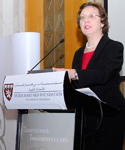 At a November conference in Dubai, sponsored by the Dubai Harvard Foundation for Medical Research, Barbara McNeil gives the keynote address, discussing population sciences and issues such as the error of applying clinical trial data too generally; McNeil is the chair of the HMS Department of Health Care Policy. Photo by Jasmin Mehovic, DHFMR.