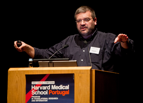 During his presentation, Nuno Sousa, of the University of Minho in Portugal, outlined the effects of chronic stress on circuits in the brain. Photo by David Clifford.
