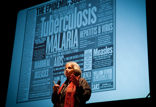 Dyann Wirth, of the Harvard School of Public Health, described a promising approach to combating malaria using its genomic sequence to define target proteins. Photo by David Clifford.