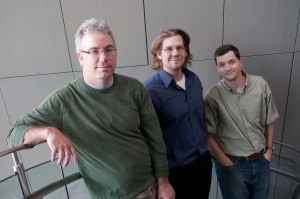 From left, Wade Harper, Mathew Sowa, Steven Gygi and (below) Christian Behrends have mapped out connections within the cell's recycling center. Photo above by Suzanne Camarata.