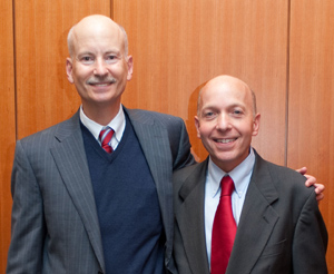 Jonathan Alpert (right), the first incumbent of the Joyce R. Tedlow Professorship in Psychiatry in the Field of Depression Studies, shares a moment with donor Richard Tedlow. Photo by Suzanne Camarata.