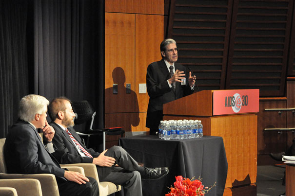 A two-day conference titled “AIDS@30: Engaging to End the Epidemic,” which drew hundreds to the Joseph B. Martin Conference Center, worked to engage those who know the ailment best to plot its end. The Dec. 1 discussion brought together Harvard School of Public Health Dean Julio Frenk (right), Harvard Provost Alan Garber (center) and Beal Professor of the Practice of Public Health Richard Marlink (left). (Photo by Kent Dayton/HSPH)