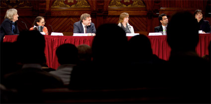 Ten years after the Human Genome Project completed the human genome’s first draft, Harvard President Drew Faust (far left) hosted a panel discussion on the legacy of “biology’s moonshot.” The panelists included Margaret Hamburg (from left), Eric Lander, M. Susan Lindee, Vamsi Mootha, and Vicki Sato. Photo by Stephanie Mitchel/Harvard staff photographer.