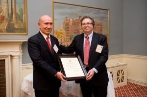 Dean Jeffrey S. Flier, right, celebrated the installation of Evangelos Gragoudas as the first Charles Edward Whitten Professorship in Ophthalmology. HMS photo by Angela Alberti