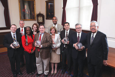 Back row: Jack Burke, Kim Serrecchia, Selwyn Rogers; front row: Graham McMahon, Nadège Volcy, Michael Piantigini, Margarita Alegria, Thomas Sequist, Albert Galaburda, Price Cobbs. Photo by Jeff Thiebauth.