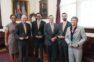 Left to right: Dean Joan Reede, Richard Bail, LeManuel “Lee” Bitsoi, Dean Jeffrey S. Flier, Brandon Abbs, Jennifer Kasper; not pictured is Ari Johnson, who is doing his residency at the University of California-San Francisco