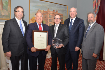 From left: HMS Dean Jeffery S. Flier; William (Bill) Crowley, Jr.; Daniel K. Podolsky; Peter Slavin, president, Massachusetts General Hospital; Dennis Ausiello, Jackson Professor of Clinical Medicine, Harvard Medical School, chairman, Department of Medicine, Massachusetts General Hospital, chief scientific officer, Partners Healthcare. Photo by Steve Gilbert