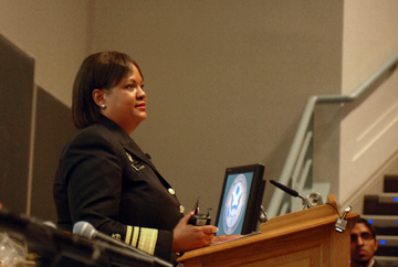 Regina Benjamin, Surgeon General of the United States, addresses a standing-room only crowd at a panel discussion on America’s first National Prevention Strategy. Photo by Jake Miller.